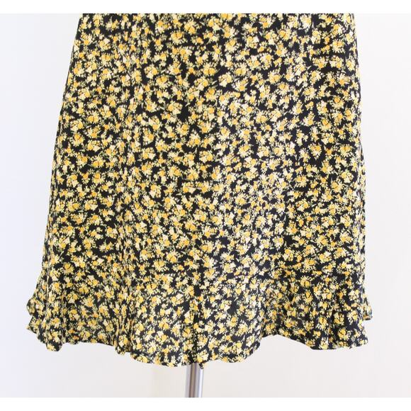 Faithfull the Brand Yellow Black Floral Ruffle Hem Tie Waist Mini Dress Size 4 - Picture 5 of 7